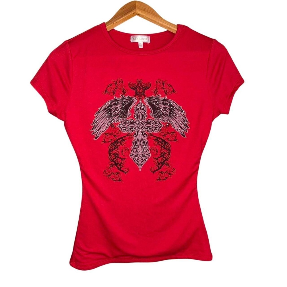 Y2k Riley and James rhinestone angel wings gross baby tee